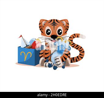 Tiger Junge mit widder Tierkreis Zeichen Astrologische Zeichen Symbol Vektor Cartoon Illustration Horoskop und Eastern New Year. Stock Vektor