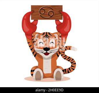 Tiger Junge mit Krebs Tierkreis Zeichen Astrologische Zeichen Symbol Vektor Cartoon Illustration Horoskop und Eastern New Year. Stock Vektor