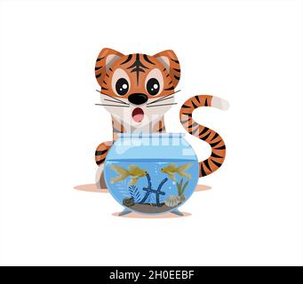 Tiger Junge mit fische Tierkreis Zeichen Astrologische Zeichen Symbol Vektor Cartoon Illustration Horoskop und Eastern New Year. Stock Vektor