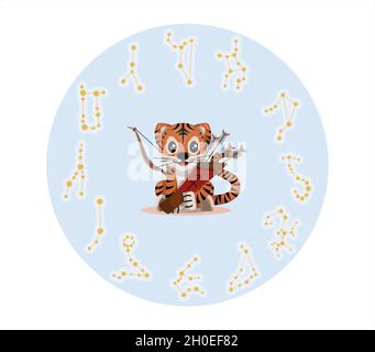 Tiger Junge mit schütze Tierkreis Zeichen Astrologische Zeichen Symbol Vektor Cartoon Illustration Horoskop und Eastern New Year. Stock Vektor