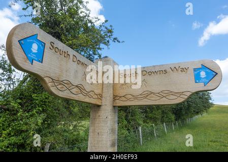 Neues Holzschild auf dem South Downs Way in Hampshire, England, Großbritannien Stockfoto