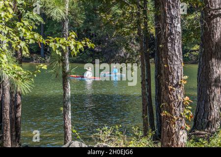 Zwei Männer, die gemeinsam in Kajaks am See in der Nähe der Küste fischen, umgeben von Wäldern im seichten Wasser in der Bucht an einem sonnigen Herbsttag Stockfoto