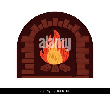 Flamme im gemauerten Kamin. Brennendes Brennholz im Ofen. Heim Innenraum Wärme Objekt Zeichnung Vektor isoliert eps Illustration Stock Vektor