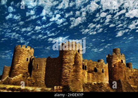 Türme und steinerne Außenmauern mit Merlons am Conwy Castle. Eine historische Stadt mit gut erhaltener mittelalterlicher Burg in Wales. Öllack-Filter. Stockfoto