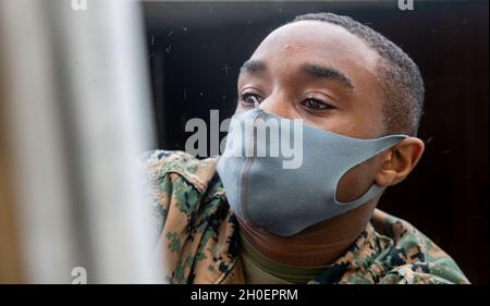 U.S. Marine Corps Lance CPL. Isaiah TerrellSanders, Postbeamter beim Camp Foster Post Office, Marine Corps Installations Pacific, greift nach Paketen auf Camp Foster, Okinawa, Japan, 15. Februar 2021. Die Marine Corps Postämter führen ein neues System ein, das es Dienstmitgliedern und ihren Familien ermöglicht, ihre Post schneller zu erhalten. TerrellSanders stammt aus Sacramento, Kalifornien. Stockfoto