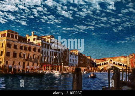 Paläste am Canal Grande in der Nähe der Rialtobrücke in Venedig. Die erstaunliche Meeresstadt voller Kanäle und Paläste in Italien. Öllack-Filter. Stockfoto