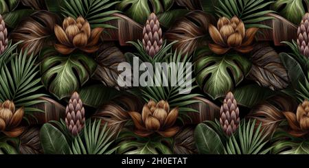 Luxuriöses tropisches nahtloses Muster mit goldener Lotusblume, protea, Monstera, Bananenblättern, Handfläche, colocasia. Handgezeichnete 3D-Illustration. Für Hintergrundbild Stockfoto