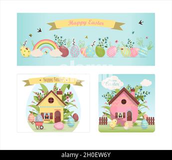 Ein Satz farbenfroher osterbanner mit Eiern. Vektor-Illustration mit niedlichen Häusern. Banner zum Verkauf. Vorlage für eine Postkarte, Einladung, Anzeige Stock Vektor