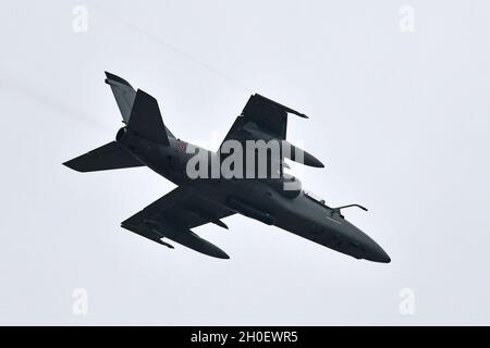 Ein AMX der italienischen Luftwaffe fliegt zur Unterstützung von Fallschirmjägern des 1. Bataillons, des 503. Infanterie-Regiments, der 173. Luftbrigade, des 4. Alpini-Regiments der italienischen Armee und des 16. Wing Force Protection der italienischen Luftwaffe und des 3. Wings während der Übung Eagle Ace II auf dem Rivolto-Militärstützpunkt der italienischen Luftwaffe, Udine, Italien, 18. Februar. 2021 unter Covid-19-Präventionsbedingungen. Ziel dieser Operation ist es, die Beziehungen zur Gastgebernation zu verbessern, das Bündnis zu stärken und die Interoperabilität der NATO zu erhöhen. Die 173rd Airborne Brigade ist die US Army Contingency Response Force in Europa, die in der Lage ist, bereit zu projizieren Stockfoto