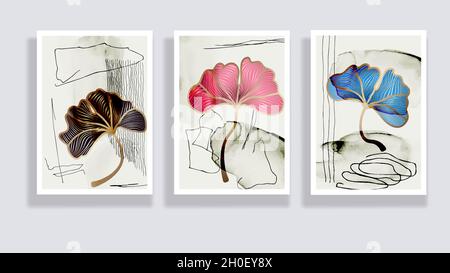 Modisches Set aus minimalistischen abstrakten Blättern und abstrakten Formen. Minimale botanische Wandkunst. Moderne Grafik aus der Mitte des Jahrhunderts. Pflanzenkunst-Design für Social Media Stock Vektor