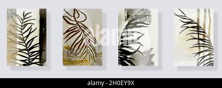 Modisches Set aus minimalistischen abstrakten Blättern und abstrakten Formen. Minimale botanische Wandkunst. Moderne Grafik aus der Mitte des Jahrhunderts. Pflanzenkunst-Design für Social Media Stock Vektor