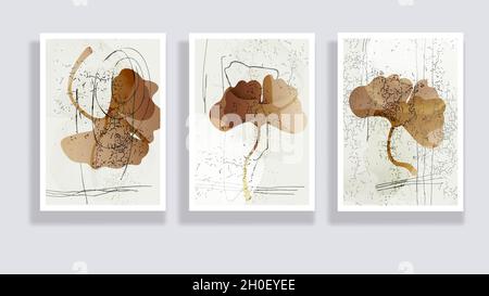 Modisches Set aus minimalistischen abstrakten Blättern und abstrakten Formen. Minimale botanische Wandkunst. Moderne Grafik aus der Mitte des Jahrhunderts. Pflanzenkunst-Design für Social Media Stock Vektor