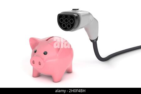 Sparschwein und Stecker für Elektroauto. Das Konzept der Einsparung von Geld, billig Kraftstoff. Isoliert auf weißem Hintergrund. 3d-Rendering. Stockfoto