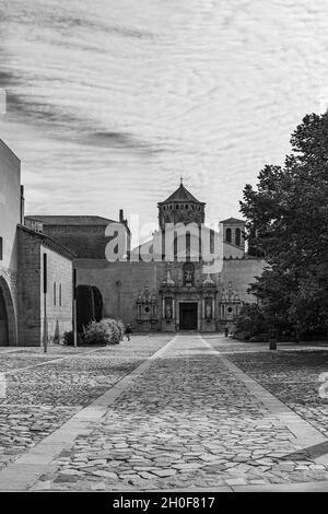 Weg zum Eingang des Zisterzienserklosters Santa Maria de Poblet aus dem 12. Jahrhundert, Katalonien. Schwarz-weiß Stockfoto