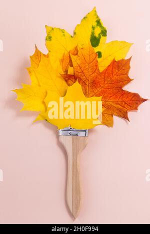 Kreatives Herbstkonzept mit Pinsel und Blättern. Pinsel mit gelben und roten Ahornblättern auf gelbem Grund bemalen. Stockfoto