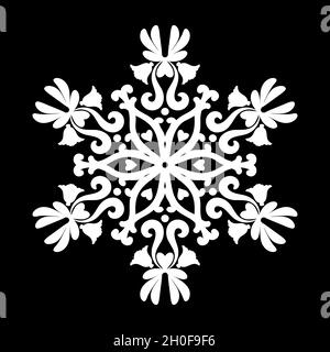 Mandala mit Blumenmuster. Weißes rundes Ornament wie eine Schneeflocke auf schwarzem Hintergrund. Schwarz und Weiß. Mehndi-Muster. Für Stoff, Tapete Stock Vektor
