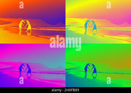 Zwei afrikanische Frauen tanzen am Strand bei Sonnenuntergang, mit Tafelberg im Hintergrund, im Retro-Neon-Sommertrend der 80er Jahre, Pop-Art, Fotografie Stockfoto