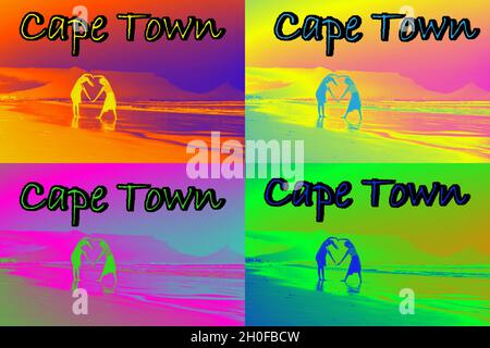 Zwei afrikanische Frauen tanzen am Strand bei Sonnenuntergang, mit Tafelberg im Hintergrund, im Retro-Neon-Sommertrend der 80er Jahre, Pop-Art, Fotografie Stockfoto