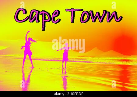 Zwei afrikanische Frauen tanzen am Strand bei Sonnenuntergang, mit Tafelberg im Hintergrund, im Retro-Neon-Sommertrend der 80er Jahre, Pop-Art, Fotografie Stockfoto