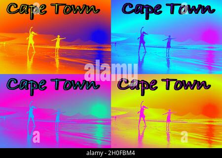 Zwei afrikanische Frauen tanzen am Strand bei Sonnenuntergang, mit Tafelberg im Hintergrund, im Retro-Neon-Sommertrend der 80er Jahre, Pop-Art, Fotografie Stockfoto