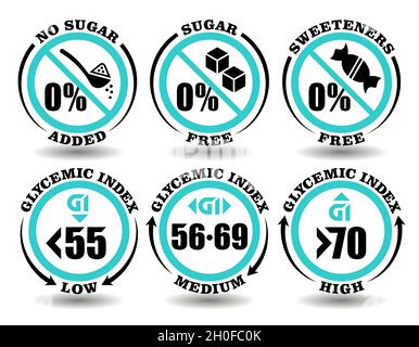 Konzept Zeichen Satz von runden Symbolen Zuckerfreie Mahlzeit, Süßstoff Freie Nahrung, kein Zucker Produkt hinzugefügt. Niedrige, mittlere, hohe glykämische Index Diät für die Verpackung von h Stock Vektor