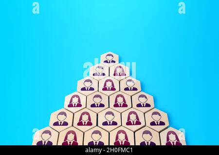 Bildung in Form einer Pyramide. Klassische Form des Organisationsmanagements. Karriere, Unternehmenskultur. Zuverlässige Struktur des Unternehmens. Pers Stockfoto