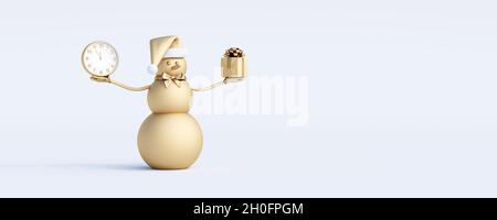 Golden Snowman hält ein Geschenk und eine Uhr auf weißem Hintergrund. Elegance New year Concept 3d Rendering 3d-Illustration Stockfoto