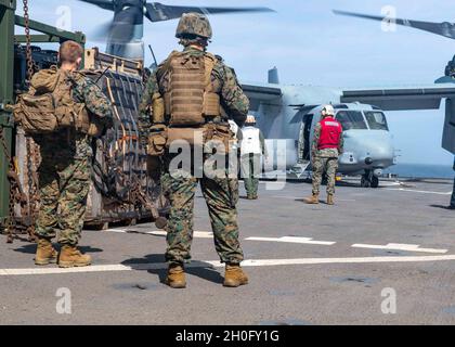 210228-N-NQ285-1209 ATLANTIK (FEB 28, 2021) U.S. Marine Corps Marines, beauftragt mit der 24. Marine Expeditionary Unit (MEU), bereiten sich auf den Einsatz eines MV-22 Fischadlers vor, der den 'Golden Eagles' der Marine Medium Tiltrotor Squadron (VMM) 162 zugewiesen wurde, auf dem Hafenlandungsschiff Carter USS Hall's (LSD 50) der Harpers Ferry-Klasse Flugdeck während einer simulierten Trainingsentwicklung für Opfer von Massenverletzten, 28. Februar 2021. Carter Hall führt als Teil der Iwo Jima Amphibious Ready Group ein Training mit dem Amphibiengeschwader 4 und der 24. Marine Expeditionary Unit (24. MEU) durch. Stockfoto