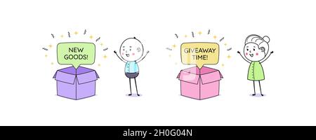 Opening box mit Blase Nachricht und Text Neue Waren und Giveaway Zeit. Cartoon Doodle Mann und Frau. Festliches Werbegeschenk, Quiz-Zeit, Geschenk und Wettbewerb Stock Vektor