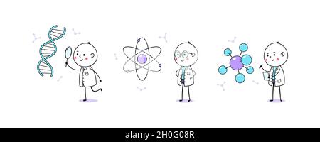 Medizinische und wissenschaftliche Forschung. Cartoon Doodle Mann, nette Arzt und Wissenschaftler. DNA- und Genforschung, Atom- und Molekularstruktur, medizinisches Labor Stock Vektor