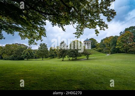 Grüne Wiese im Englischen Garten von München. Die Heide bayerns zu Beginn der Herbstsaison, idyllische Ruhe der Erde. Stockfoto