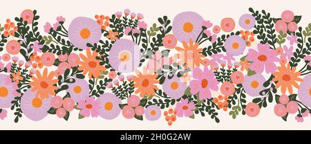 Nahtlose Blume Vektor Rand von Hand gezeichnet. Dekorative, sich wiederholende Blüten im horizontalen Blumenmuster in lila rosa-orange. Schönes Blumenbanner Stock Vektor