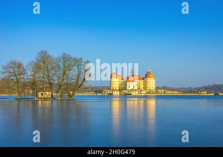 Moritzburg bei Dresden, Sachsen, Deutschland: Winterlich Schloss Moritzburg und Enteninsel mit Baumgruppe im halbgefrorenen Schlossteich. Stockfoto