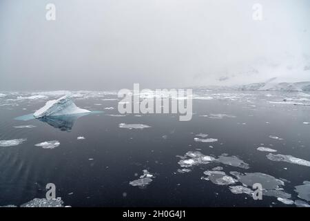 Drift-Eis und kleiner Eisberg bei Schneefall. Südlicher Ozean, Antarktis Stockfoto