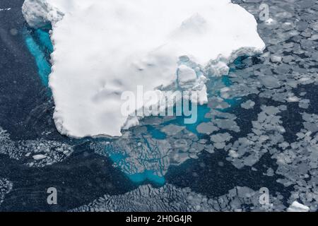 Drift Ice und Detail eines Eisbergs während des Schneefalls. Südlicher Ozean, Antarktis Stockfoto