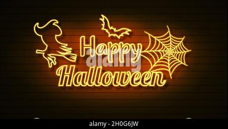 Halloween Neon Vektor-Zeichen. Leuchtende Halloween Neon Typografie mit Fliegen Stock Vektor