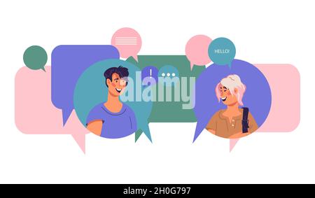 Junge Menschen chatten online im sozialen Netzwerk. Soziale Medien und Internetkommunikation. Stock Vektor