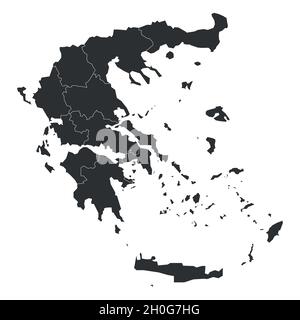 Graue politische Landkarte von Griechenland. Verwaltungsabteilungen - dezentrale Verwaltungen. Einfache, flache, leere Vektorkarte mit Beschriftungen. Stock Vektor