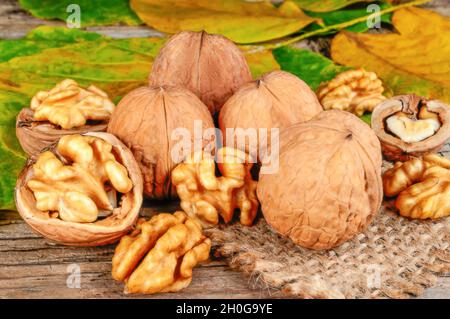 Frische Kerne, gebrochene und ganze Walnüsse aus der Nähe auf Holzgrund mit gelben Herbstblättern Stockfoto