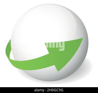Schleife Kreis Pfeilsymbol um Kugel. Abstraktes Symbol. Einfaches 3D-Vektorzeichen mit abfallender Schattierung. Stock Vektor