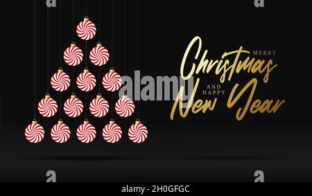 Kreative süße Weihnachtsbaum gemacht Minze Süßigkeiten Kugeln für Weihnachten und Neujahr Feier auf Luxus schwarzen Hintergrund Stock Vektor