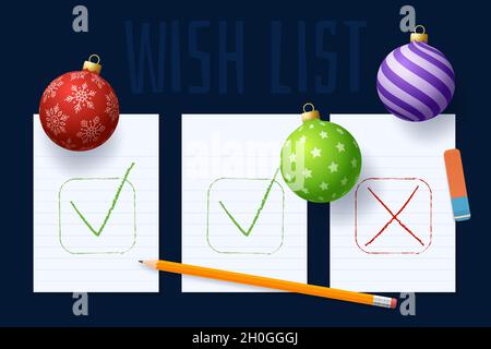 Wunschliste für das neue Jahr. Liste der Ziele für das neue Jahr. 2022 Auflösungen Text auf Notizblock. Aktionsplan. Bleistifte und realistische Baumkugelkugel bunt Stock Vektor