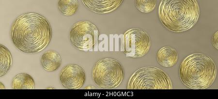 Goldene Weihnachtsstruktur. Kreise mit goldenem Muster. Abstrakt Gold Glitter Hintergrund für Weihnachten 2022 Neujahr, Luxus horisontal festliche Grenze. 3D Rendern Stockfoto