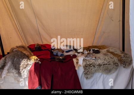 Eine Nachbildung eines wikingerzeltes mit Tierfellen in einer Nachstellung Truppe Dorf fair Stockfoto