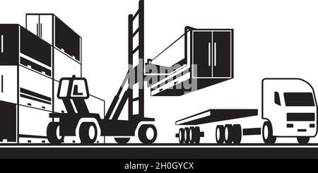 Gabelstapler beladen Traktor LKW mit Container - Vektor-Abbildung Stock Vektor