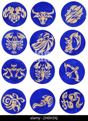 Eine Reihe von Tierkreiszeichen. Goldene Tierkreiszeichen auf blauem Hintergrund.Runde Symbole. Von Hand gezeichnet. Isoliert auf weißem Hintergrund. Stockfoto