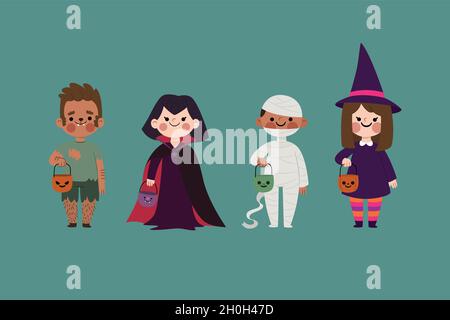 Flache halloween-Kind Sammlung gelben Hintergrund Vektor-Design-Illustration Stock Vektor
