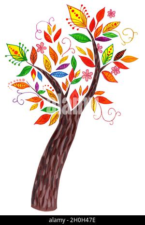Märchenbaum mit bunten Blättern und ungewöhnlichen Blumen. Aquarell-Illustration für Kinder. Isoliert auf weißem Hintergrund. Handgezeichnet auf Papier. Stockfoto