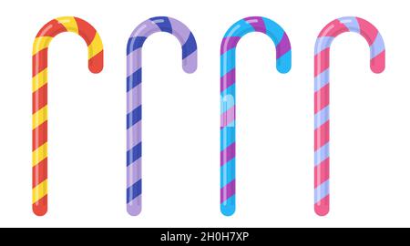 Candy Cane süß gestreiften bunten Cartoon weihnachten Set. Design für Grußkarte zu Weihnachten und Neujahr. Realistische Weihnachten Zuckerrohr Bonbon isoliert auf weißem Hintergrund. Vektorgrafik Stock Vektor