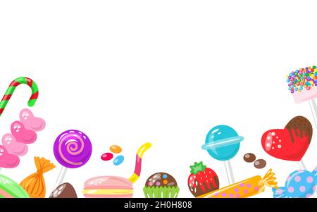 Süßwaren, Marschmalven, harte Süßigkeiten auf Stick, Dragee, Makronen, Gelee-Wurm, Schokoladenherz, Erdbeere, farbenfrohes Set. Design für Candys Shop Banner. Bonbon isoliert auf weißem Hintergrund. Vektor Stock Vektor